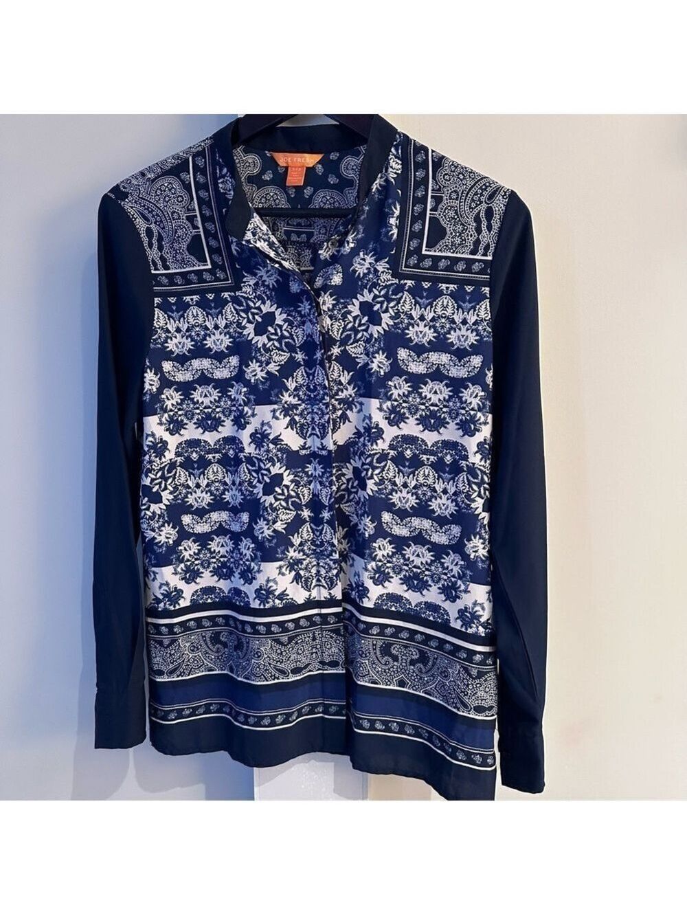 NAVY & WHITE Asian Printed  Blouse  w/Mandarin Collar, small